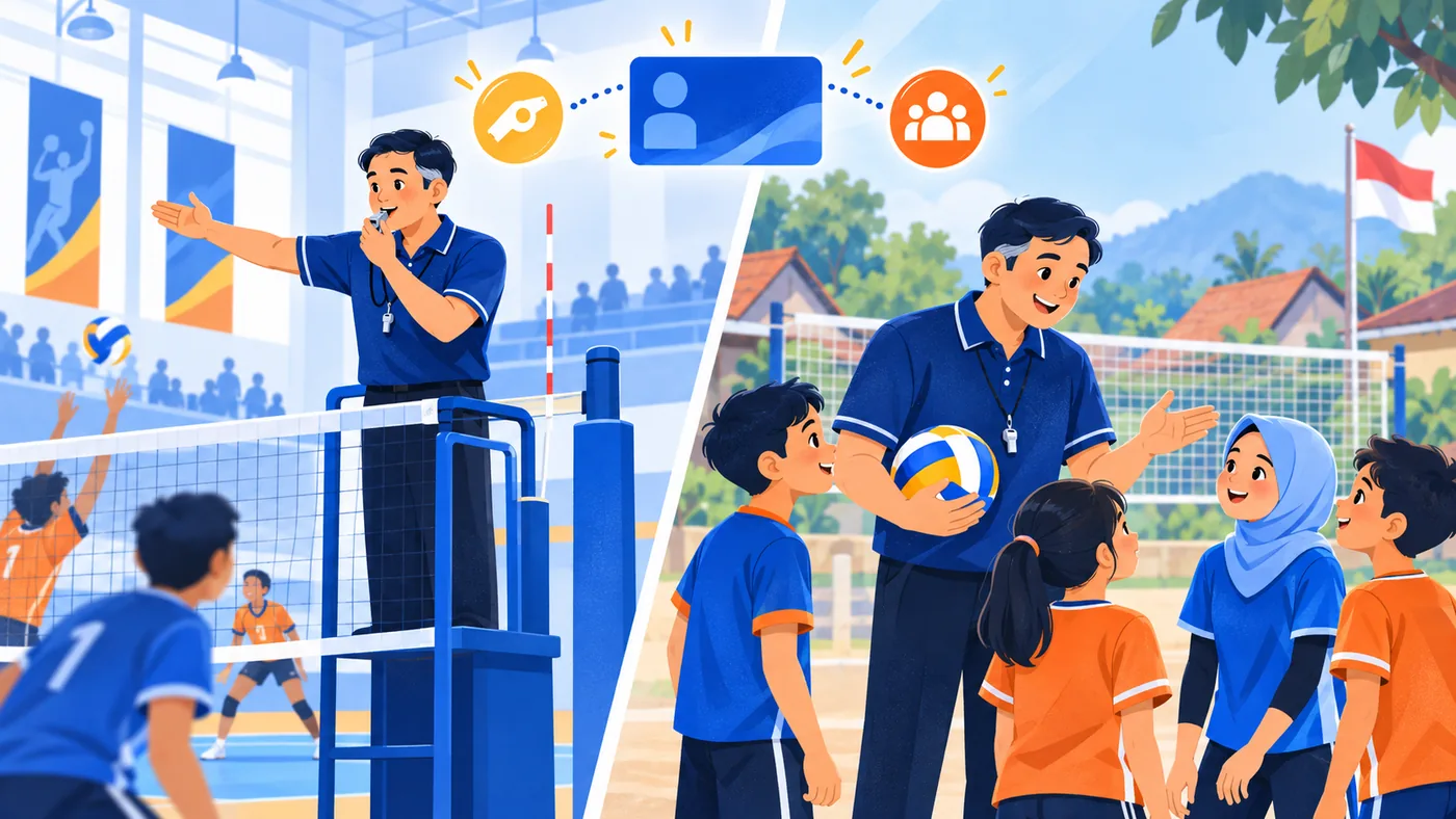 Pak Hendra memimpin pertandingan voli dan melatih anak-anak